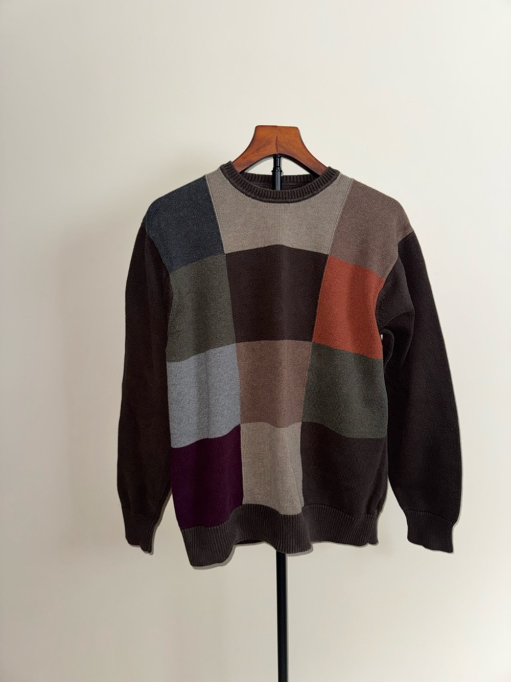 Vintage Colorblock Knit Sweater | 90s Patchwork Crewneck | Neutral Brown Sweater